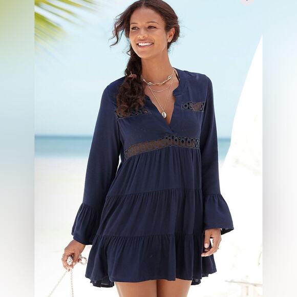 Lascana Navy Blue Flowy Flared Sleeve‎ Beach Coverup Dress 4/6 - Picture 1 of 10